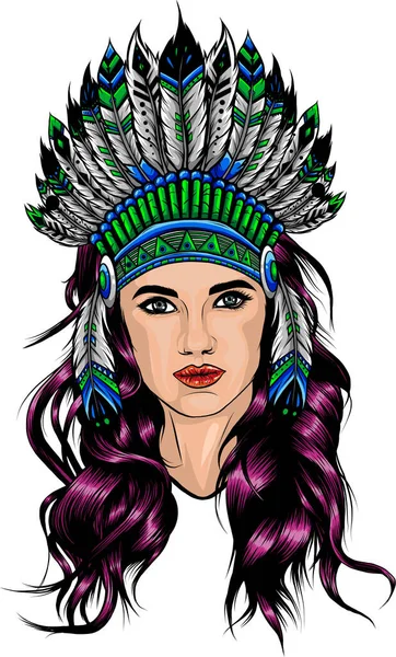 Coiffe Indienne Amérindienne Illustration Vectorielle Couleur Chapeau Plume Chef Tribal — Image vectorielle