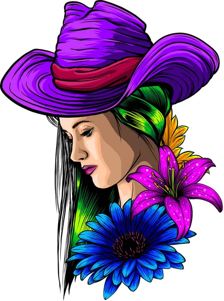 Mujer Con Sombrero Vaquero Ilustración Dibujada Mano Sobre Fondo Blanco — Archivo Imágenes Vectoriales