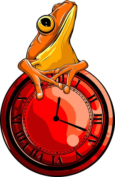 有趣的卡通青蛙与时钟 手绘矢量 — 图库矢量图片