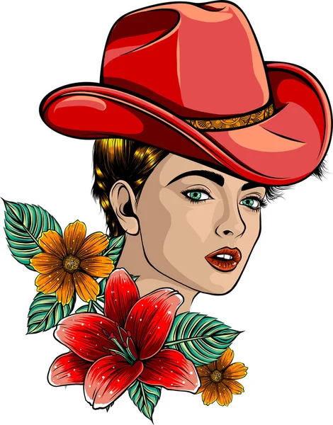 Mujer Con Sombrero Vaquero Ilustración Dibujada Mano Sobre Fondo Blanco — Vector de stock