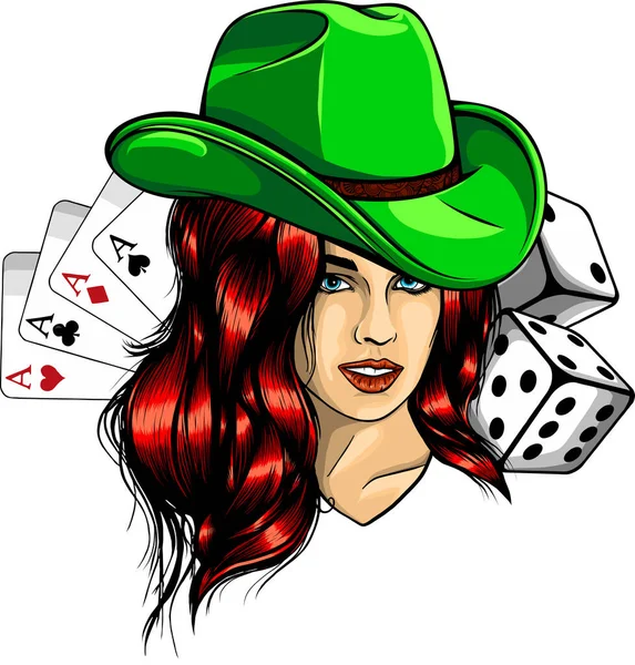 Casino Logo Mit Schwarzem Haar Mädchen Würfel Karten Vektor — Stockvektor