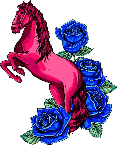 Vektorillustration Des Farbigen Pferdes Mit Rosen Auf Weißem Hintergrund — Stockvektor
