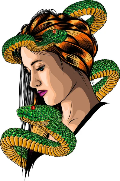Vector Ilustración Cabeza Mujer Con Serpiente — Vector de stock