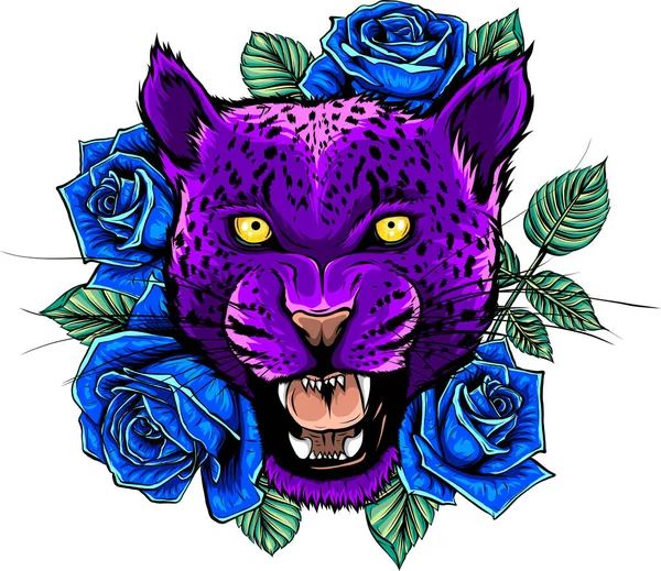 Ilustração Vetorial Leopardo Cabeça Com Rosa Sobre Fundo Branco — Vetor de Stock
