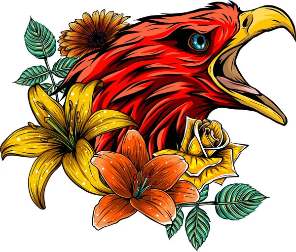 Illustration Tête Aigle Avec Fleur Sur Fond Blanc — Image vectorielle