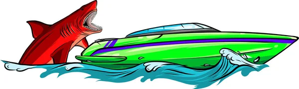 Squalo Affamato Con Mascella Grande Attack Yacht Nave Dall Acqua — Vettoriale Stock