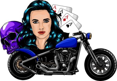 Chopper kurukafa motorcusu retro miğferi ve özel bisiklet vektör çizimi ile
