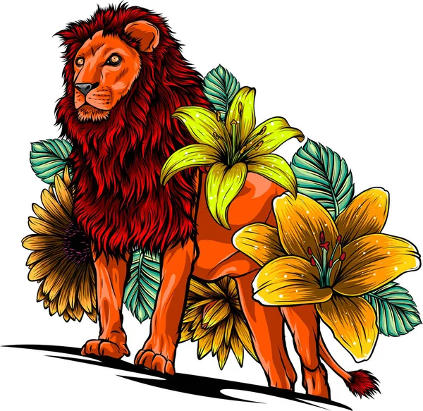 Löwe Mit Blumen Vektorfarbabbildung Auf Weißem Hintergrund — Stockvektor