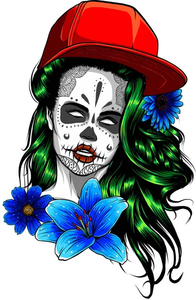 Illustration Sugar Skull Girl White Background — Stock Vector