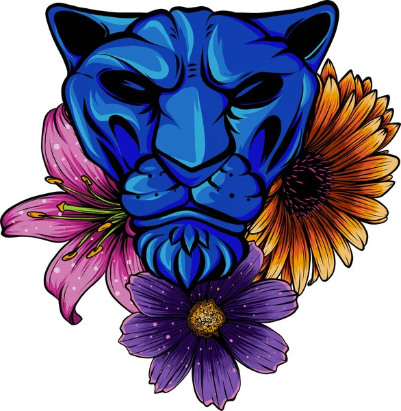 Τζάγκουαρ Λουλούδια Τζάγκουαρ Πρόσωπο Λουλούδια Έγχρωμο Τατουάζ Εικονογράφηση Διανύσματος — Διανυσματικό Αρχείο