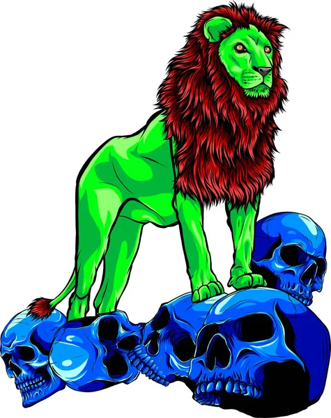 Mascotte Personnage Vecteur Lion Sur Crânes Humains Isolé Fond Blanc — Image vectorielle
