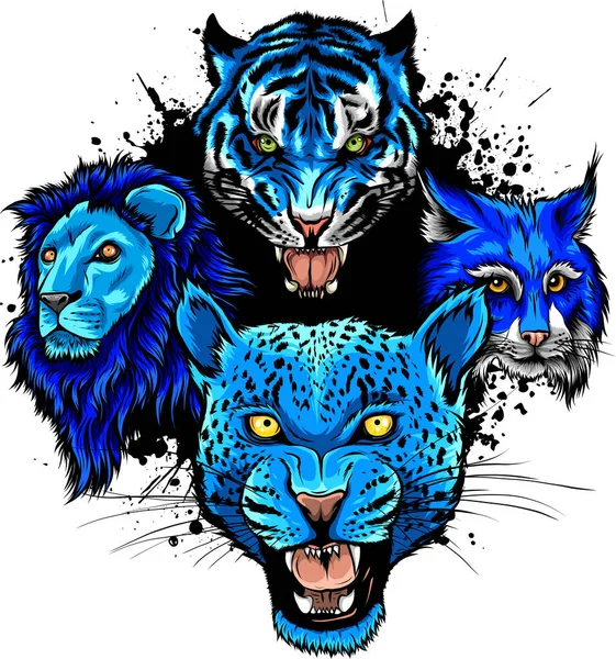 Wild Animals Heads Set Aslan Kaplan Jaguar Vector Maskot Logosu — Stok Vektör