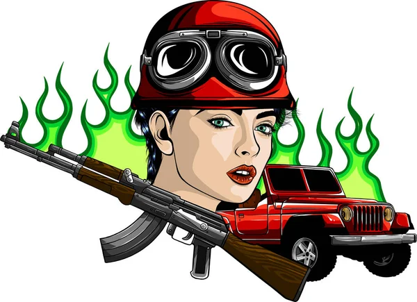 Στρατιωτική Γυναίκα Γυναίκα Όπλο Τουφέκι Κράνος Και Πυρομαχικά Καρτούν Αξιωματικός — Διανυσματικό Αρχείο
