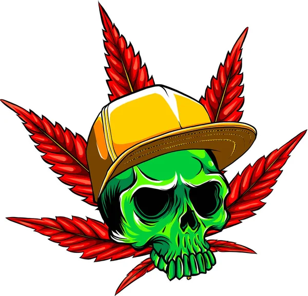 Vektör Illüstrasyon Yeşil Kafatası Arka Planda Sarı Şapka Marihuana Yaprakları — Stok Vektör