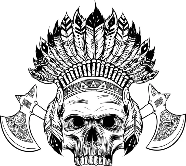 Illustration Monochrome Crâne Stylisé Portant Bonnet Guerre Amérindien — Image vectorielle