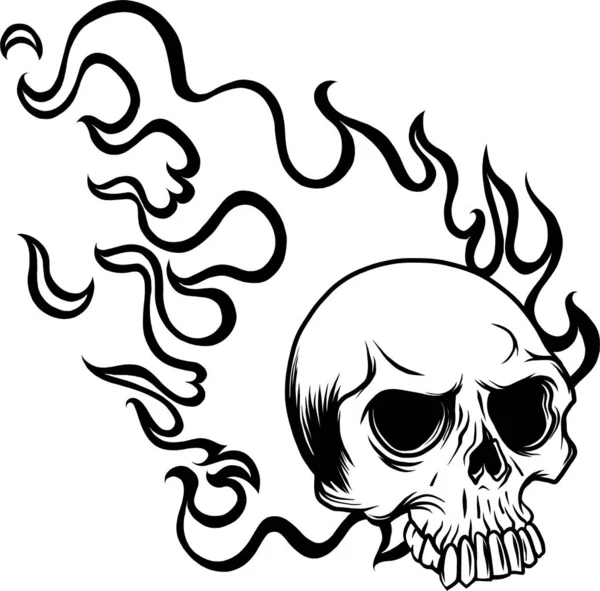 炎のベクトルイラストで火の上にモノクロームスカル 黒と白の火の頭蓋骨 — ストックベクタ