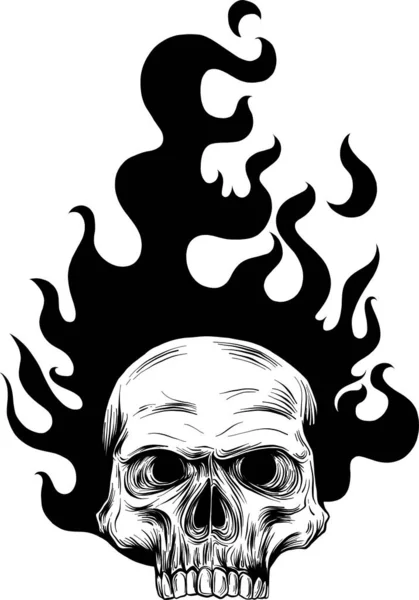 单色骷髅着火与火焰矢量图解 黑白火骷髅 — 图库矢量图片