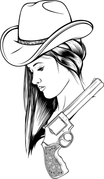 Beautiful Cowgirl Cowboy Wearing Hat Horse Head Black White Vector — Stock Vector