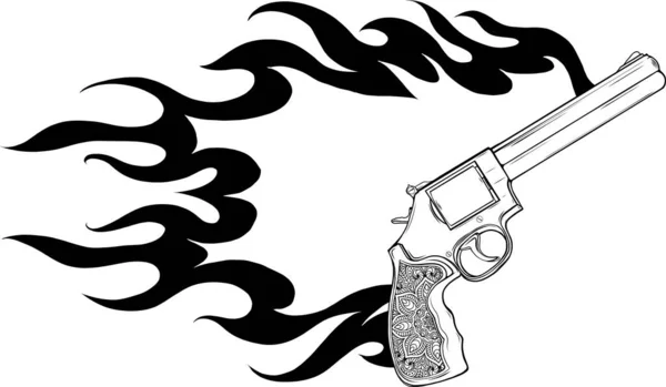 Tabanca Revolver Vektör Illüstrasyonu Beyaz Arkaplanda Izole Edilmiş Ayrıntılı Monokrom — Stok Vektör