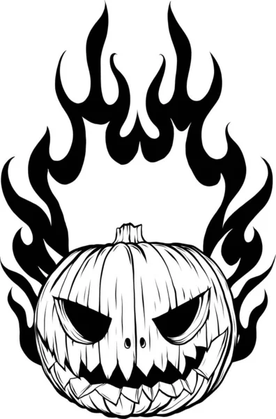 Ilustración Monocromo Carácter Calabaza Halloween Con Llama Fuego Fondo Blanco — Archivo Imágenes Vectoriales
