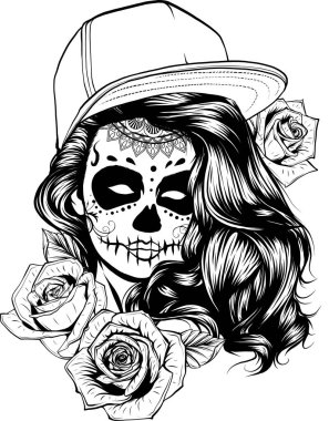 Tek renkli seksi kız, gülleri beyaza saklanmış. Siyah ve beyaz vektör çizimi.