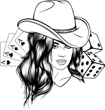 Kovboy şapkalı genç bir kadın. Cowgirl Vintage oymalı el yazısı vektör çizimi. Biçimlendirilmiş siyah ve beyaz monokrom grafiği.
