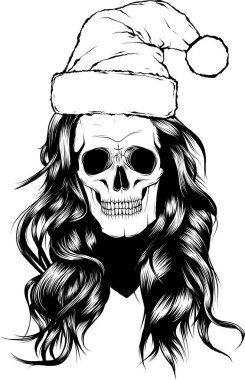 Korkunç bir Noel Baba kafatası çizimi. Şapkalı. .