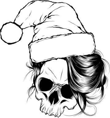 Korkunç bir Noel Baba kafatası çizimi. Şapkalı. .