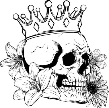 Monochrome Skull, Flowers Day of The Dead Vintage Card, Vector clipart