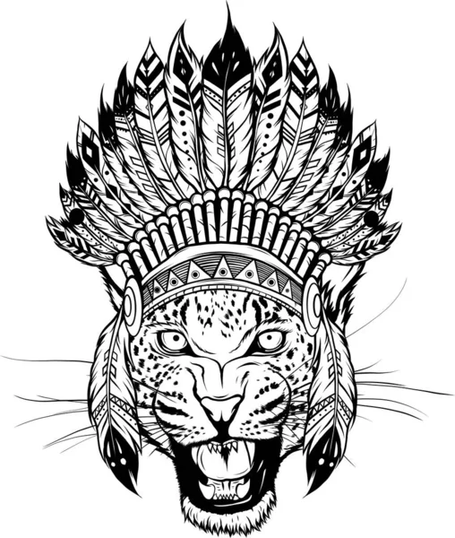 Illustration Monochrome Head Leopard Feathers — Stock Vector