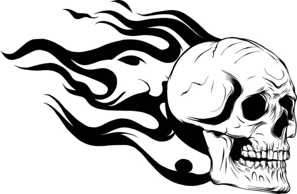Monochromatický Lebka Ohni Plameny Vektorové Ilustrace Černá Bílá Ohnivá Lebka — Stockový vektor