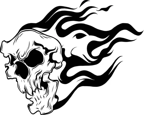 Teschio Monocromatico Fiamme Con Illustrazione Vettoriale Cranio Fuoco Bianco Nero — Vettoriale Stock