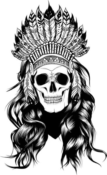 Crâne Indien Avec Coiffe Plumes Chef Une Tribu Indiens Totem — Image vectorielle