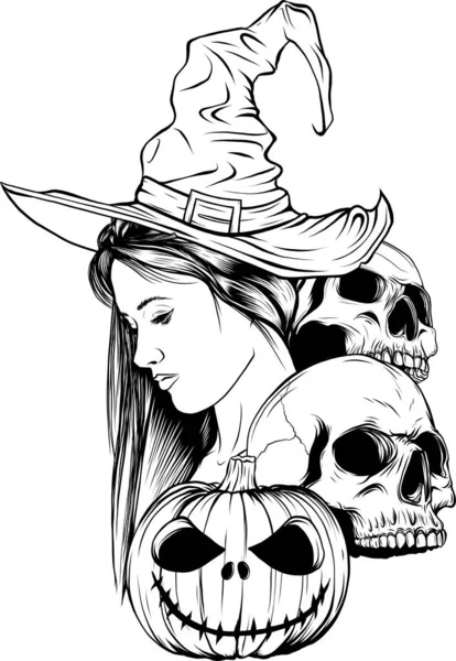 现代手绘的巫婆和骷髅图解 — 图库矢量图片