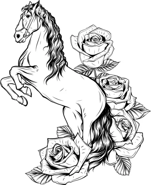 Belo Cavalo Com Rosas Ilustração Vetorial Desenhada — Vetor de Stock
