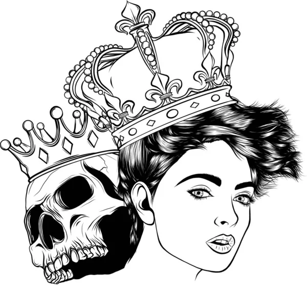Tatuaje Rey Reina Muerte Retrato Cráneo Con Una Corona — Vector de stock
