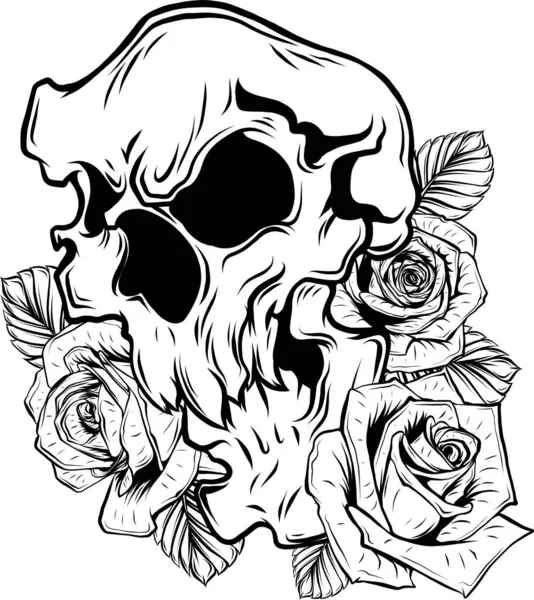 Concepto Tatuaje Cráneo Humano Vintage Con Flores Rosas Ilustración Vectorial — Vector de stock