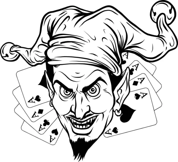 Ilustração Monocromático Jester Máscara Com Cartões — Vetor de Stock