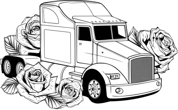 Camión Americano Clásico Ilustración Blanco Negro — Vector de stock