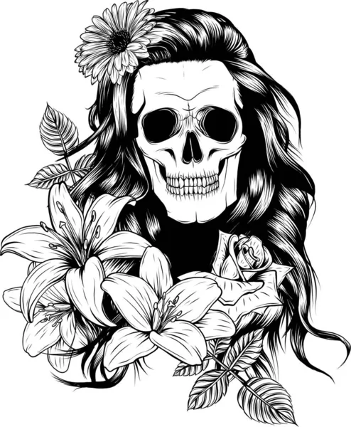 Leaning Skull Flowers Illustration Inglés Vector Alta Calidad — Vector de stock