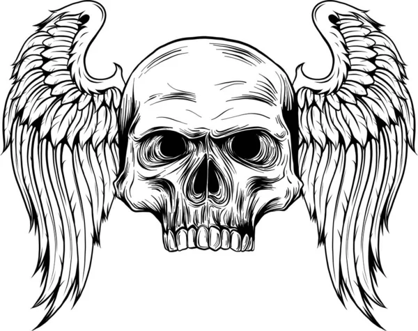 Hand Drawn Skull Wings Vector Illustration Tattoo Sketch Emblem — Stock Vector