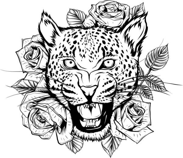 Cabeça Leopardo Arte Linha Ilustração Vetorial Isolada Sobre Branco Desenho — Vetor de Stock