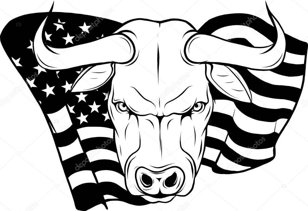 Illustration of Monochrome head bull with usa flag
