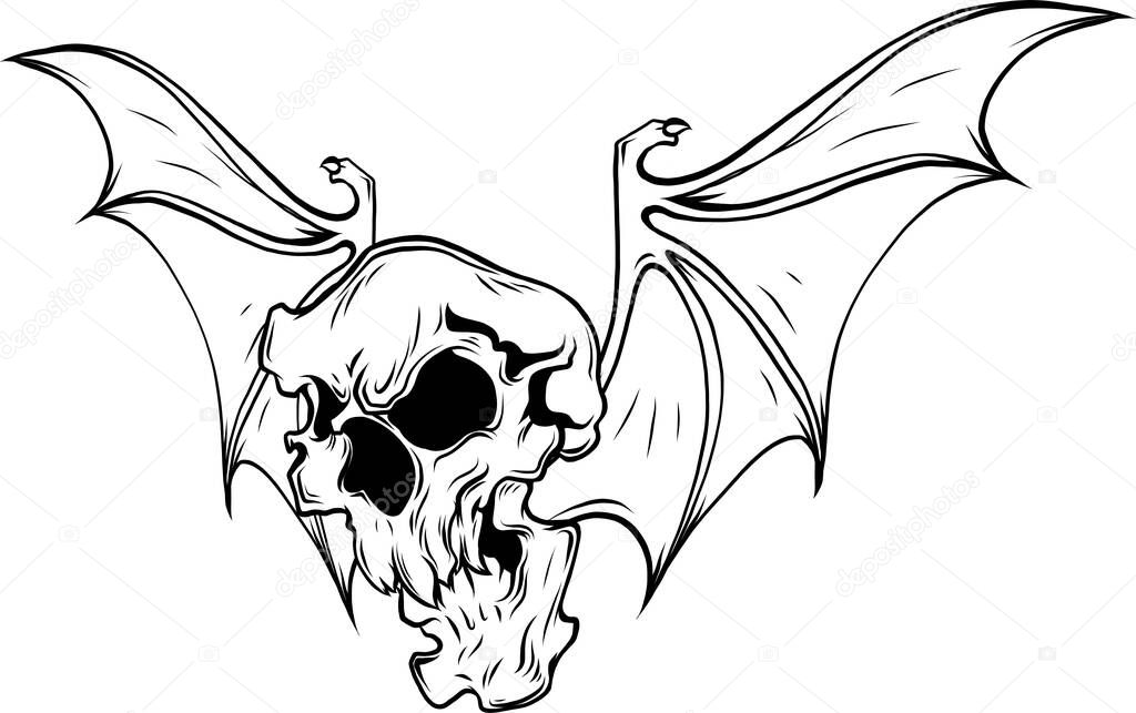 Hand drawn vampire skull with bat wings. Halloween trick or treat vector poster illustration