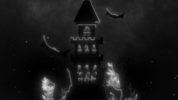 Video Desain Halloween Neon Putih Dengan Kastil Pohon Dan Kuburan — Stok Video