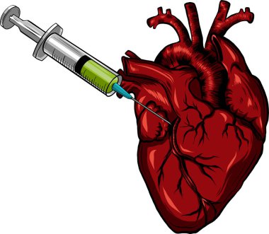Kalp ve şırıngayla aşı düşer. Covid-19 ya da kan bağışına karşı aşıların sembolü. Beyaz arkaplanda vektör simgesi izole edildi.