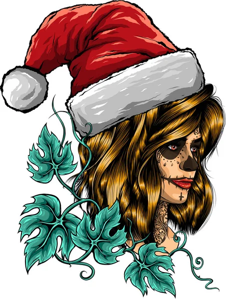 Illustration Femme Dans Crâne Maquillage Avec Chapeau Noël — Image vectorielle