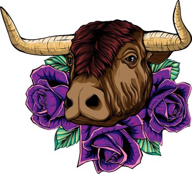 Beyaz arkaplanda İnek ve güllerin çizimi