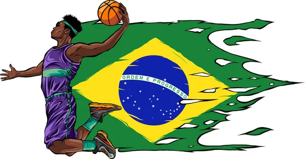 Illustratie Van Basketbalspeler Met Braziliaanse Vlag — Stockvector