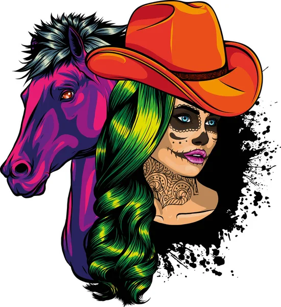 Beautiful Cowgirl Wearing Cowboy Hat Horse Head — Stock Vector